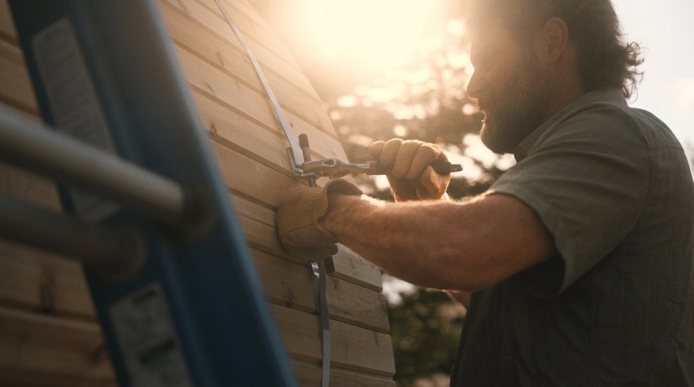 A craftsman carefully fitting the timber boards of a sauna