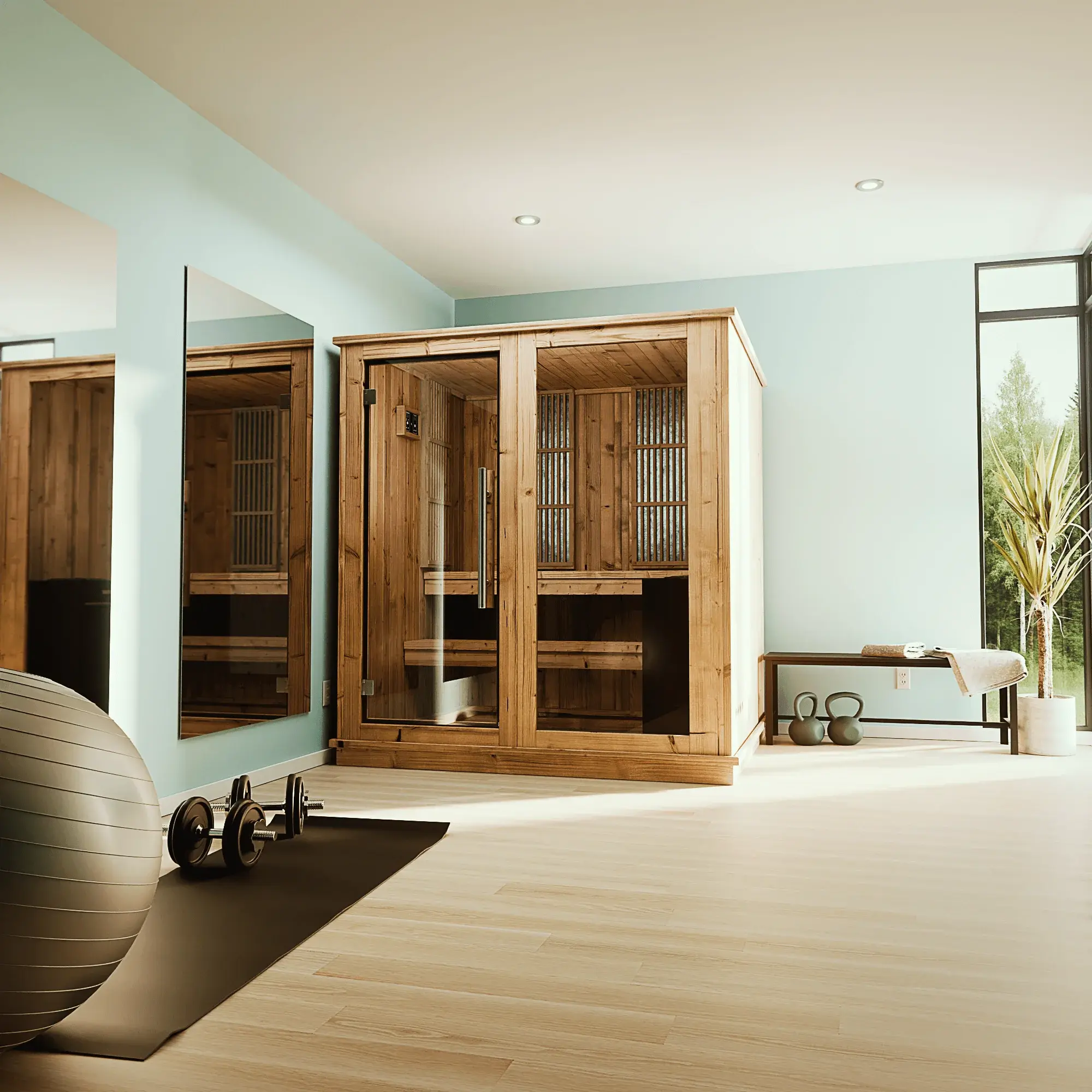 A complete timber sauna installed in a home wellness room