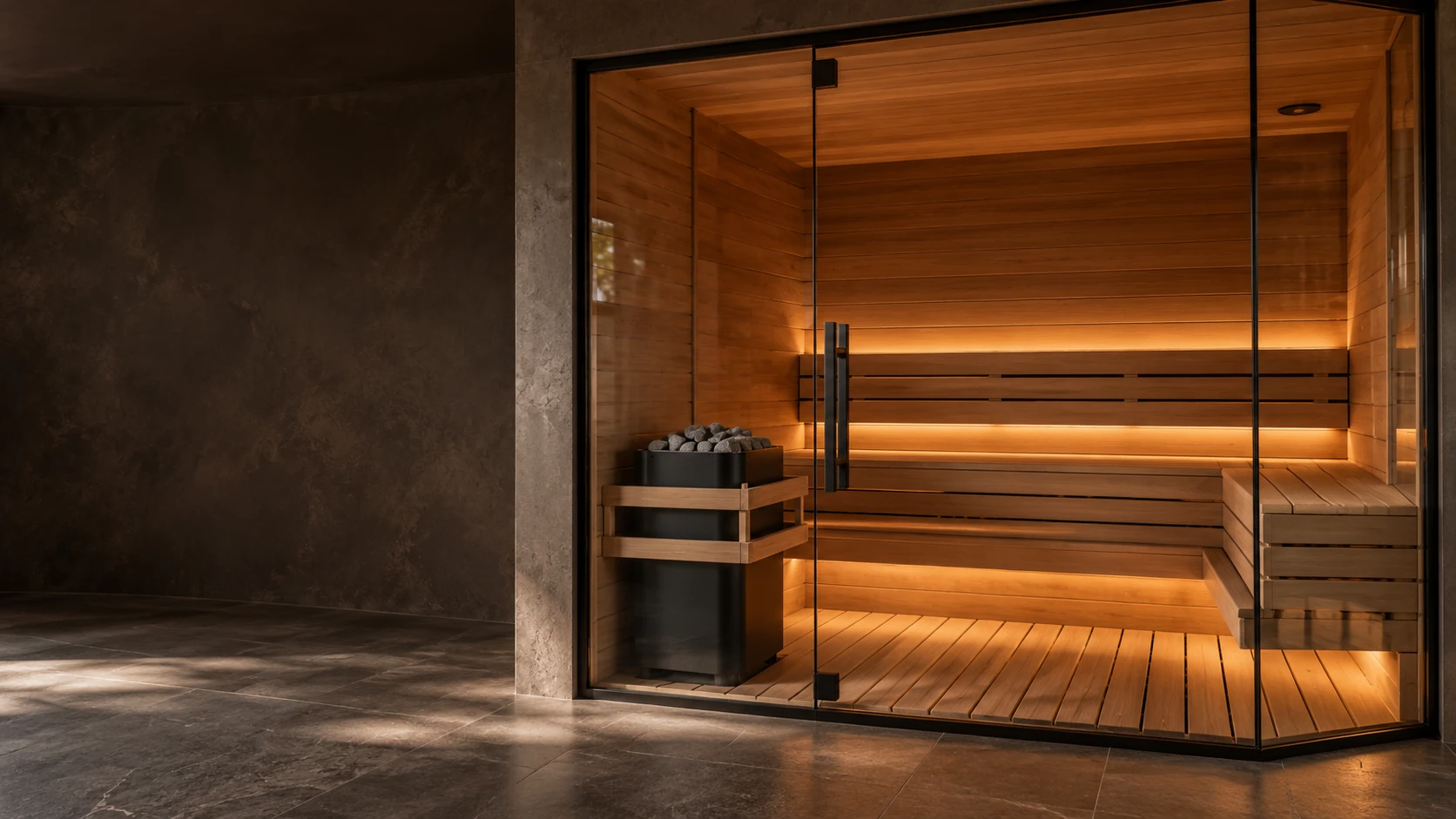 A glass-fronted timber sauna with warm bench lighting in a stone wellness room