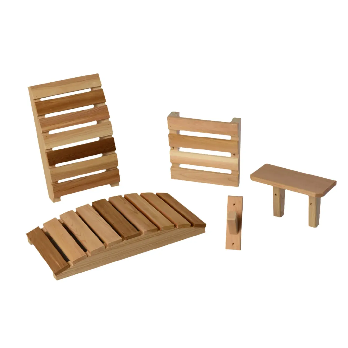 Timber sauna supports and accessories arranged on a white background