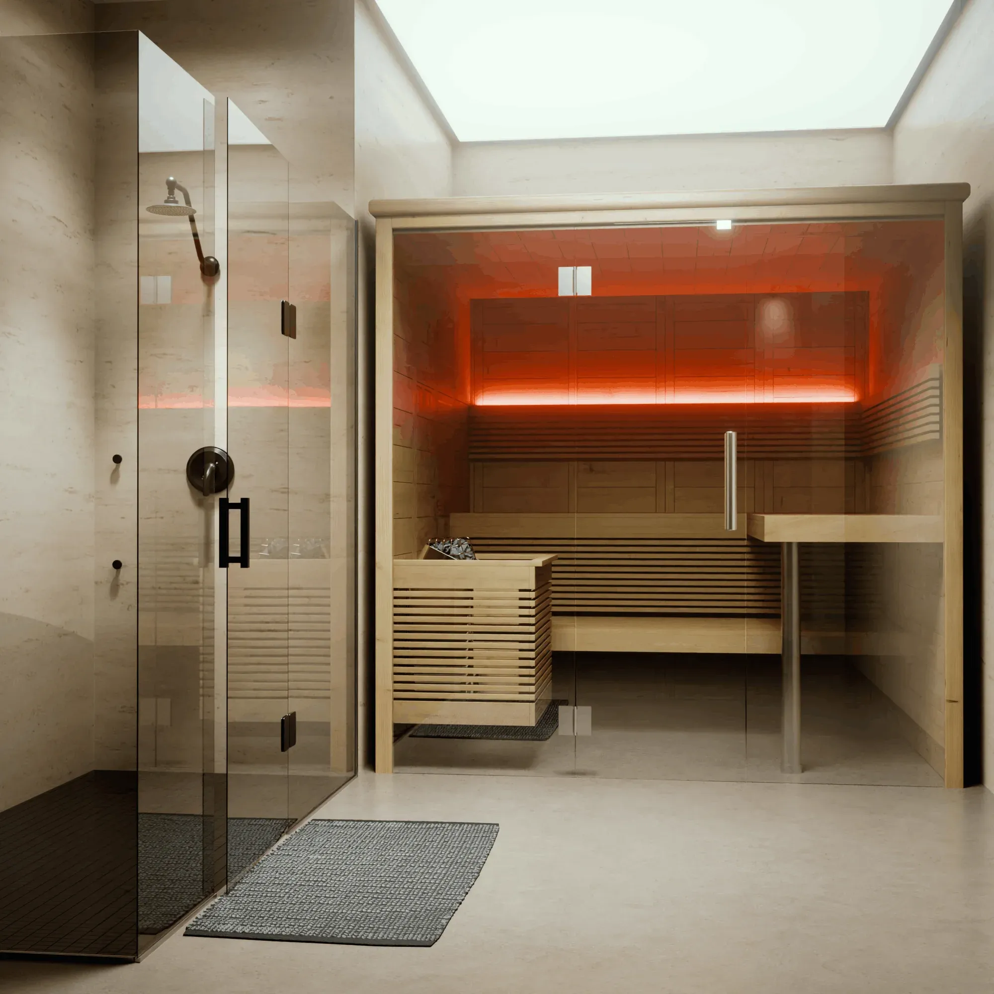 Glass-front sauna beside a shower in a stone-lined wellness setting