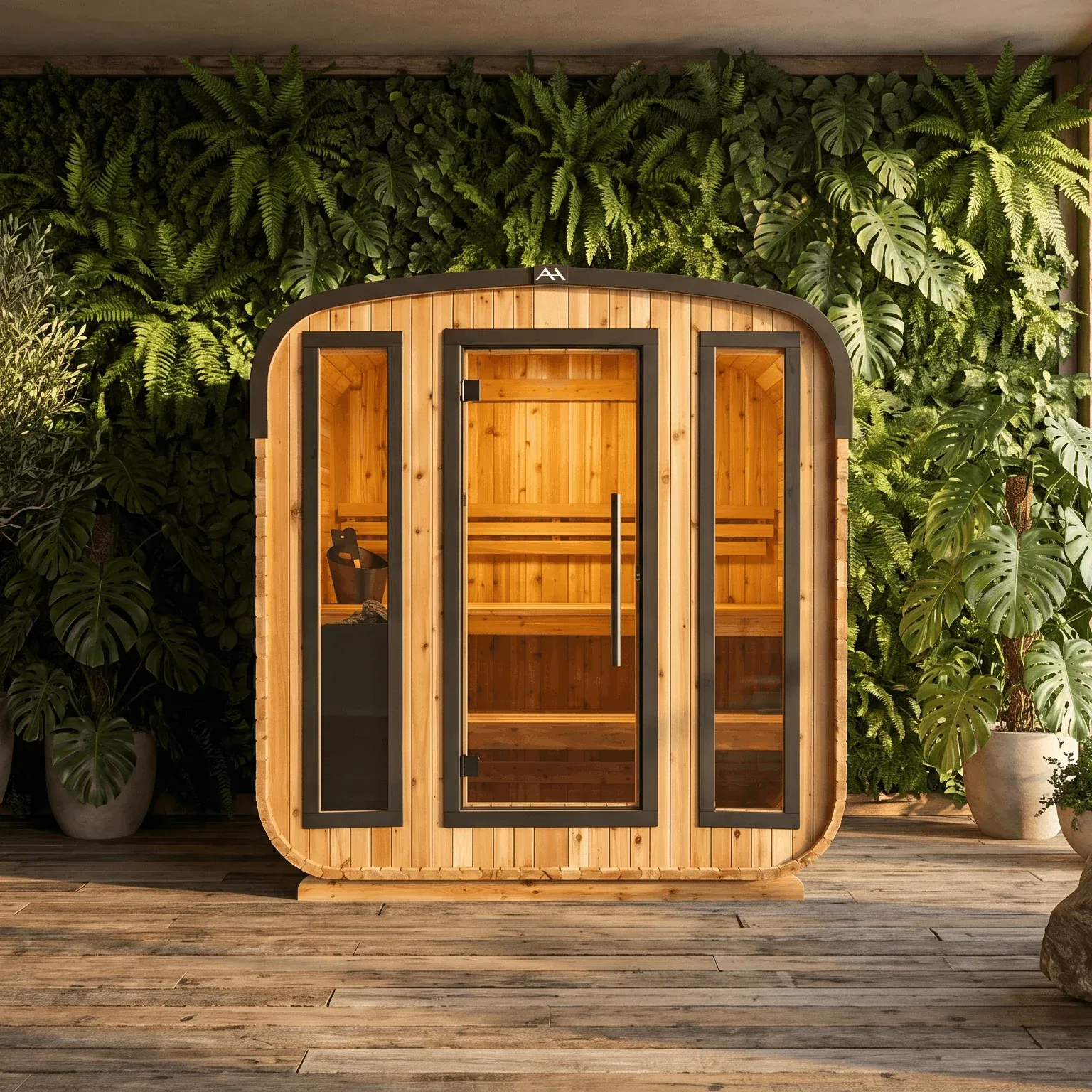 Glass-fronted timber sauna surrounded by greenery